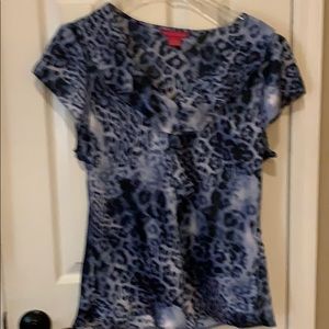 Blue leopard silky blouse. Ruffle v neck. Pretty!
